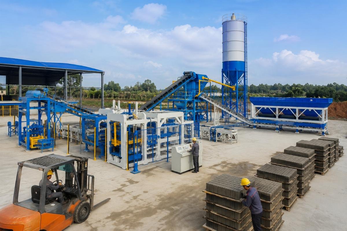 QT4-15 turnkey line with mixer batcher silo and auto stacker QT4-15 complete turnkey production line layout