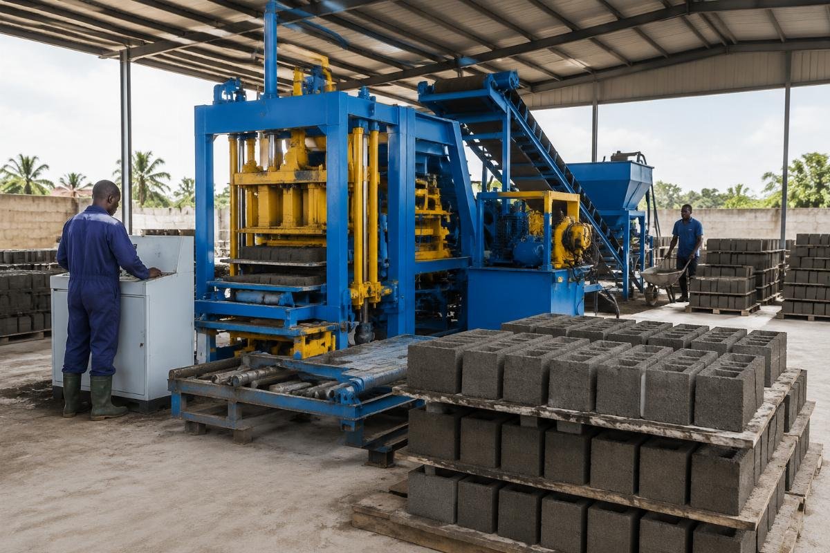 QT6-15 semi-automatic block production line in a West African factory setting