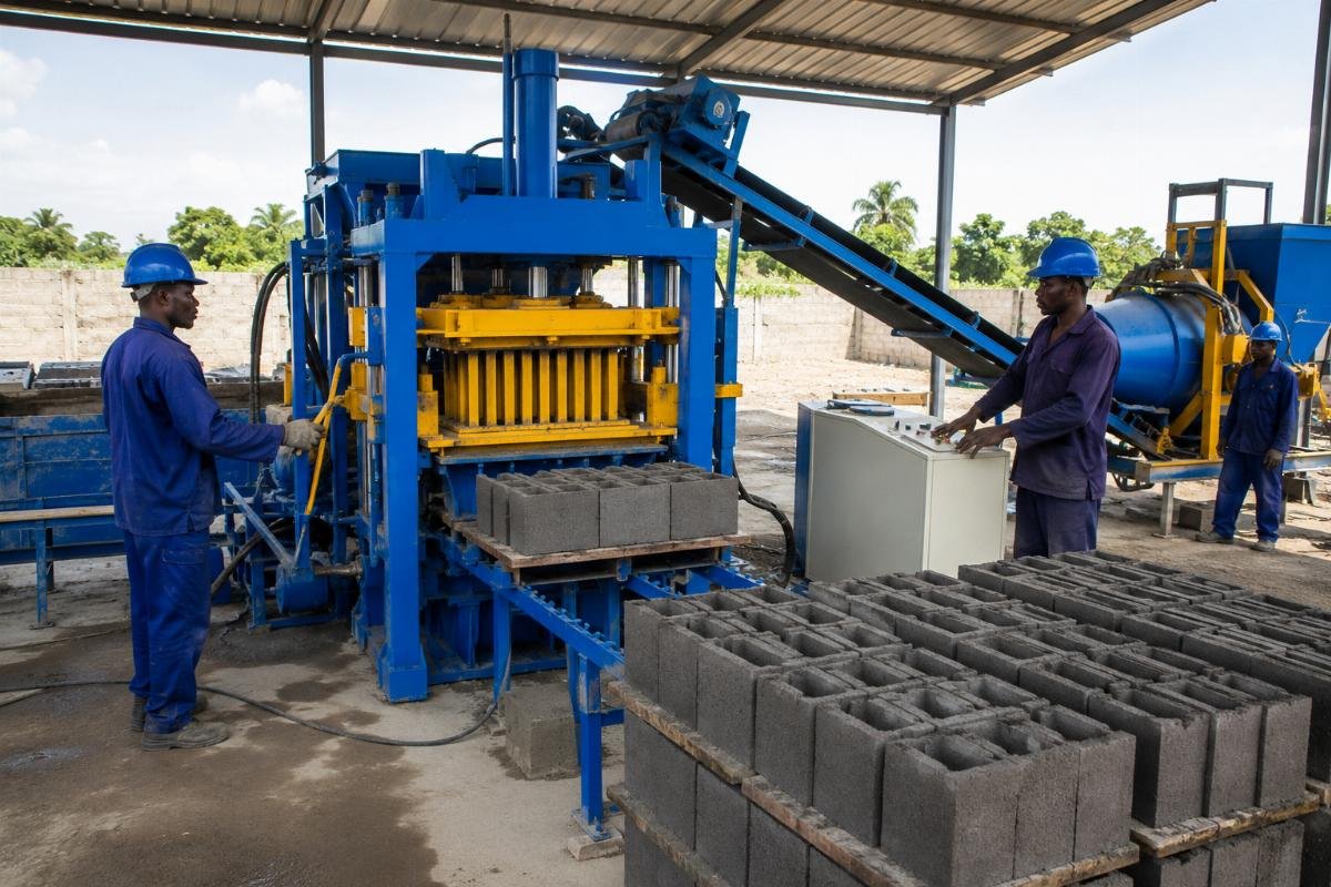 semi-automatic block machine installation in emerging market factory Semi-automatic QTJ4-40 block machine installed in West African factory
