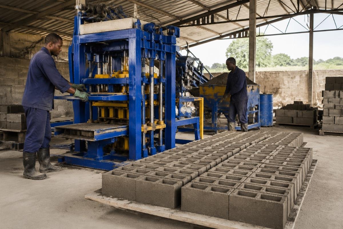 Semi-automatic block making machine operating in African factory
