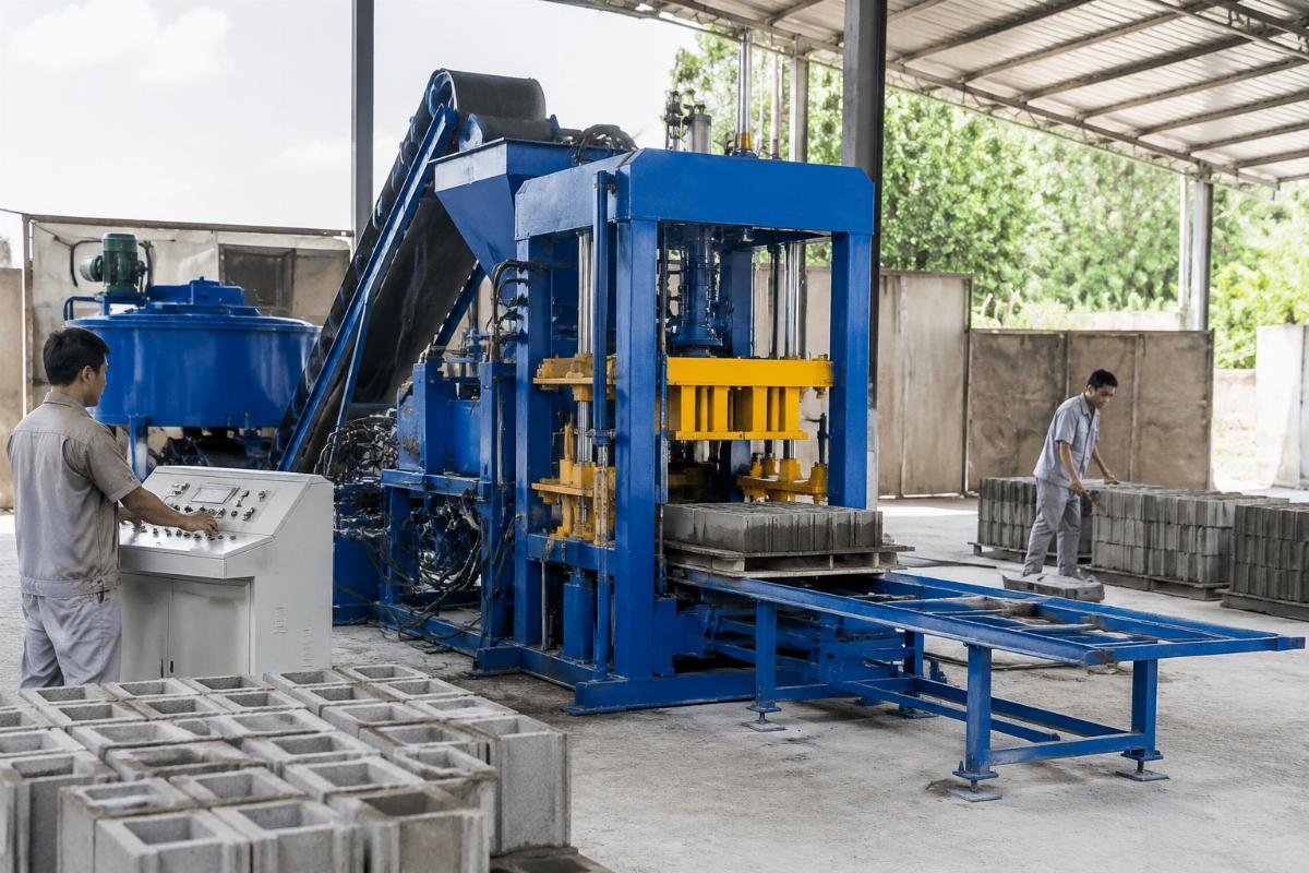 semi-automatic concrete block production line for small investors Semi-automatic concrete block production line with QTJ4-26 machine, mixer, and pallet system