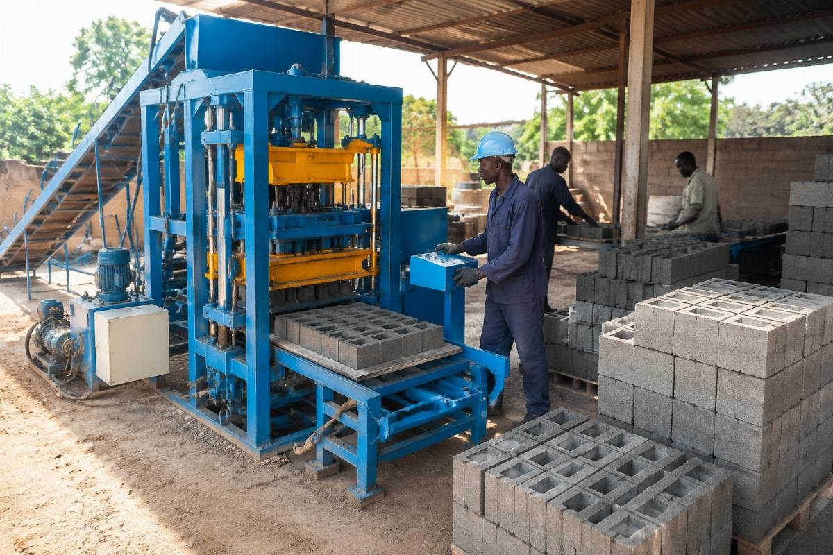 semi-automatic concrete paver block machine for emerging market startups Semi-automatic concrete block making machine operating in a West African production yard with stacked finished blocks