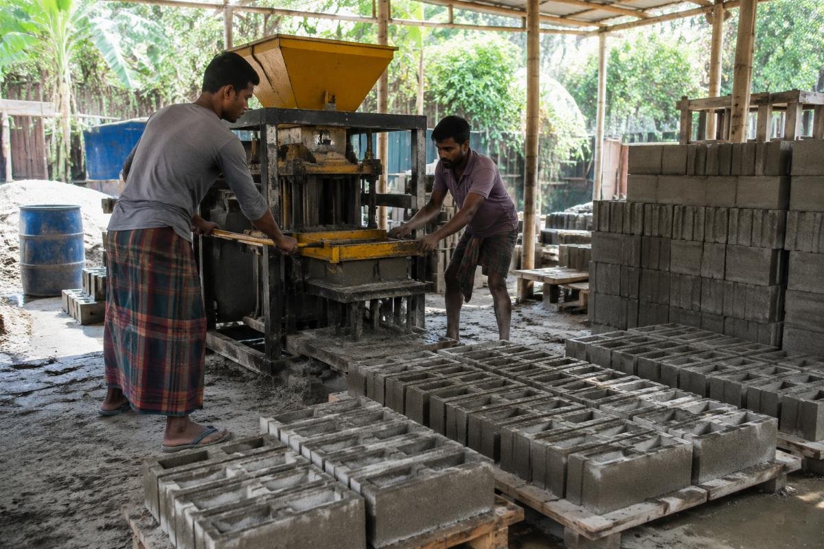 small scale brick making machine Africa and South Asia Workers in Bangladesh producing concrete blocks with manual machines for rural housing