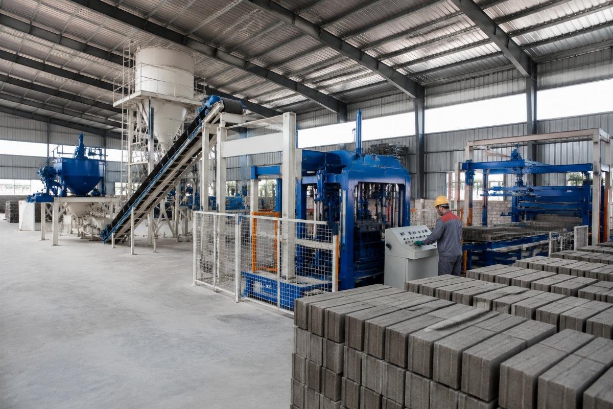 Turnkey block production line layout including airbag block machine, mixer, batching plant, and stacker