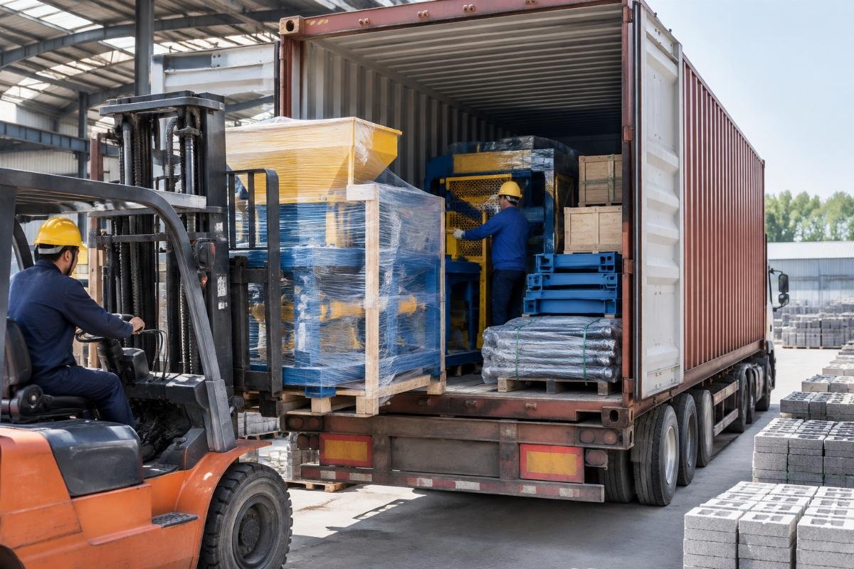 A 40ft shipping container being loaded with a manual brick machine and spare parts, showing optimized space usage and protective packaging