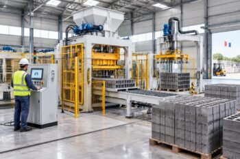 A fully automatic concrete block production line installed in a French precast plant, showing the integration of PLC control systems and CE certified safety guards