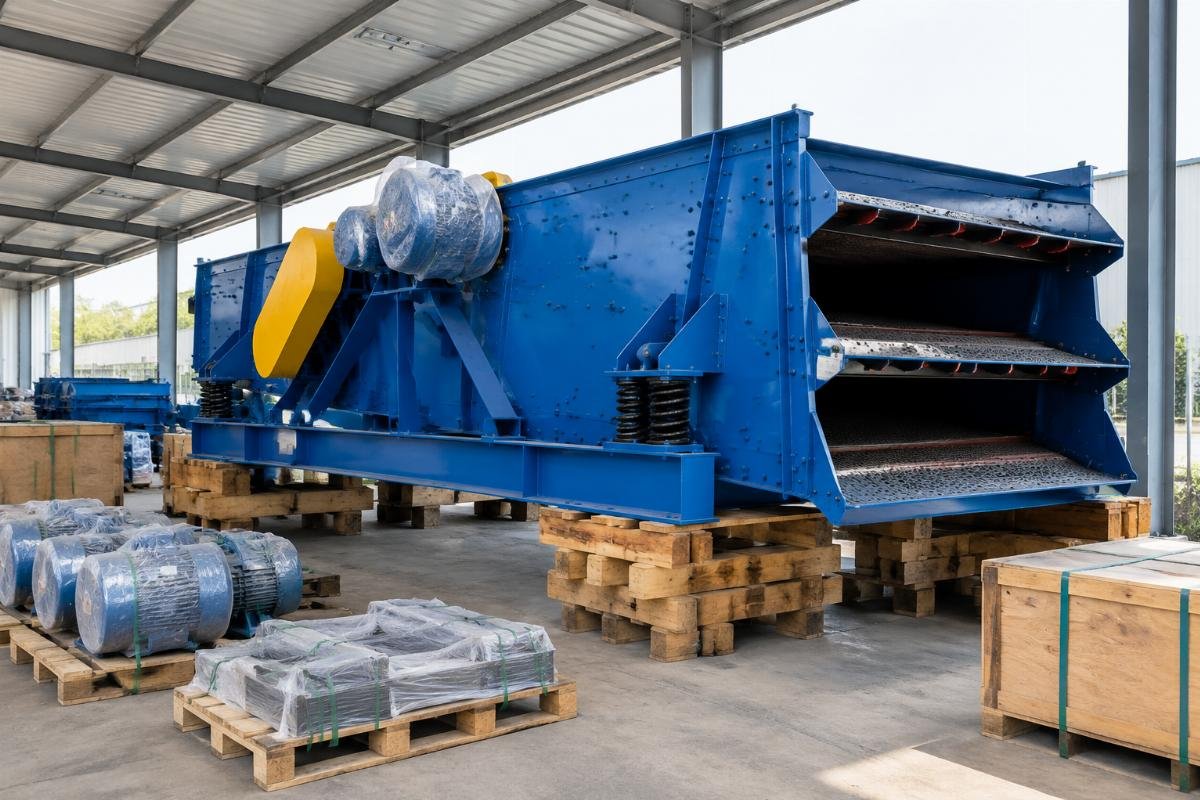 A sand screening machine stored on elevated pallets in a covered warehouse, with protective covers on motors and loose parts secured