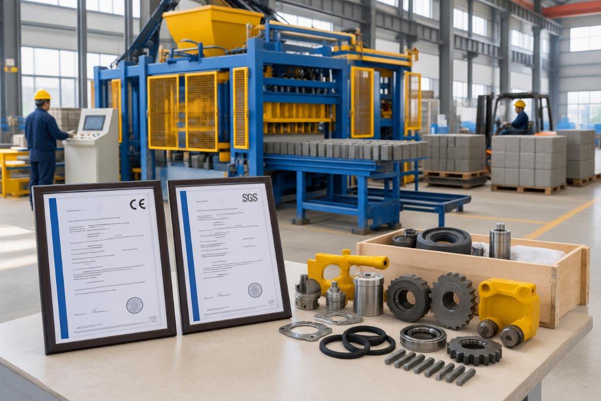 CE and SGS certification documents displayed alongside spare parts kit