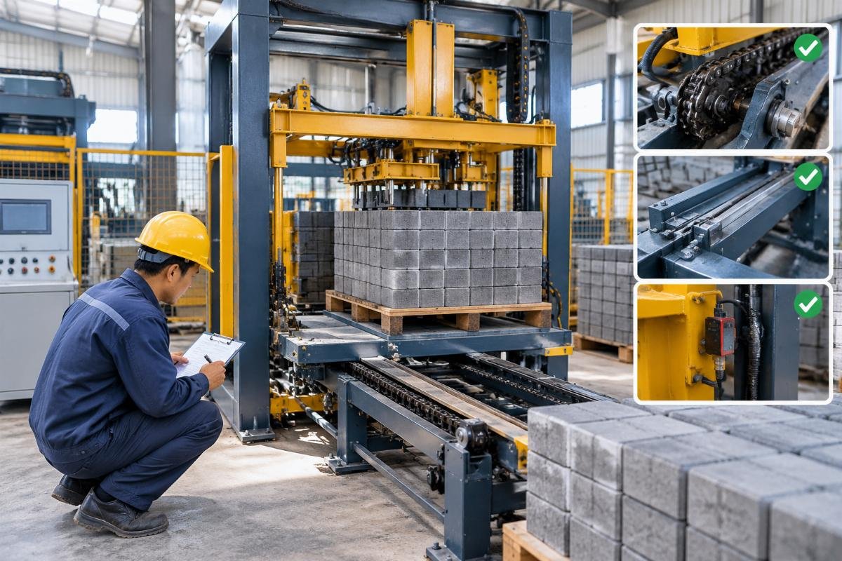 Checklist graphic showing daily inspection points for chain tension, rail alignment, and sensor cleanliness on a palletizer