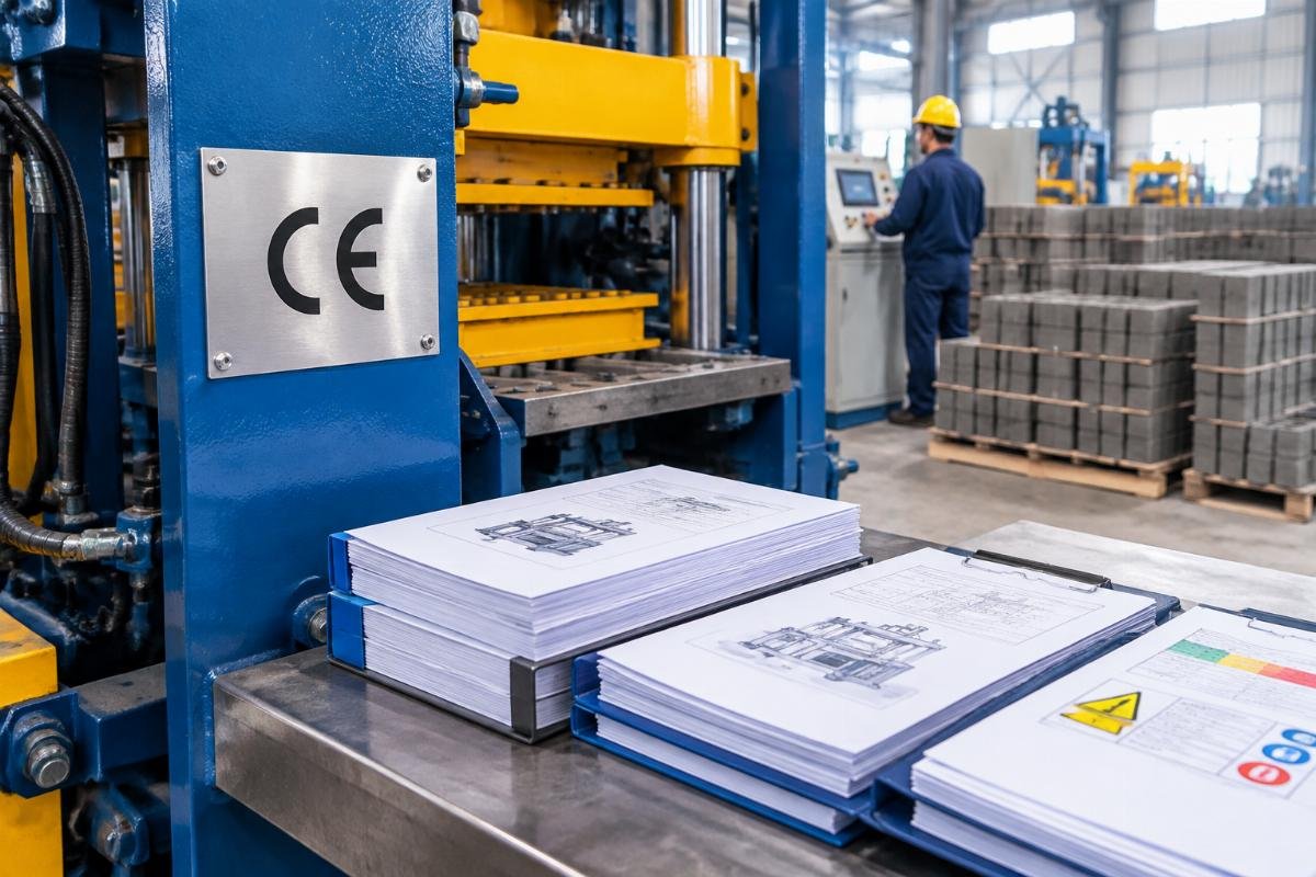 Close-up of a CE certification plate on a block making machine alongside a stack of organized technical documentation including risk assessments and user manuals