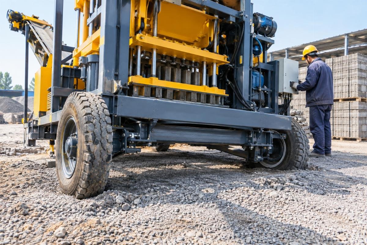 Close-up of a mobile block machine chassis settled unevenly on compacted gravel at a construction site
