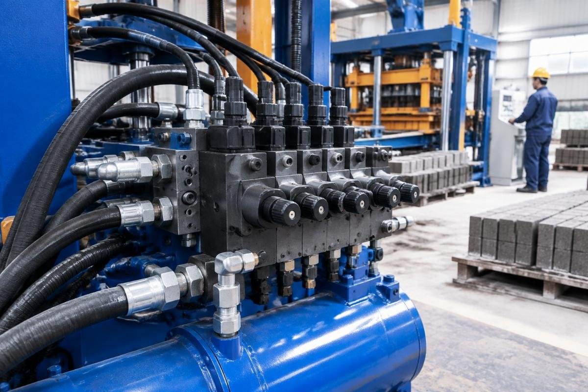 Close-up of a proportional hydraulic valve manifold on a block machine
