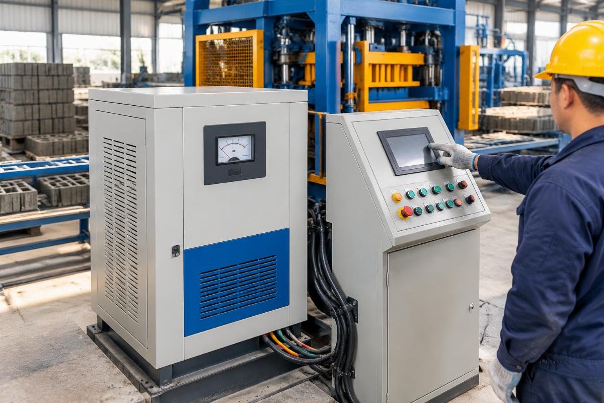 Close-up of a voltage stabilizer unit connected to a concrete block making machine control panel