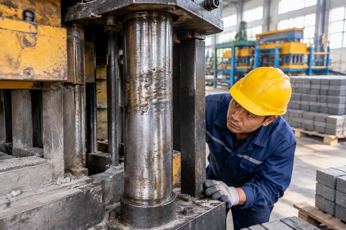 Close-up of a worn mold guide column showing signs of uneven friction due to misalignment