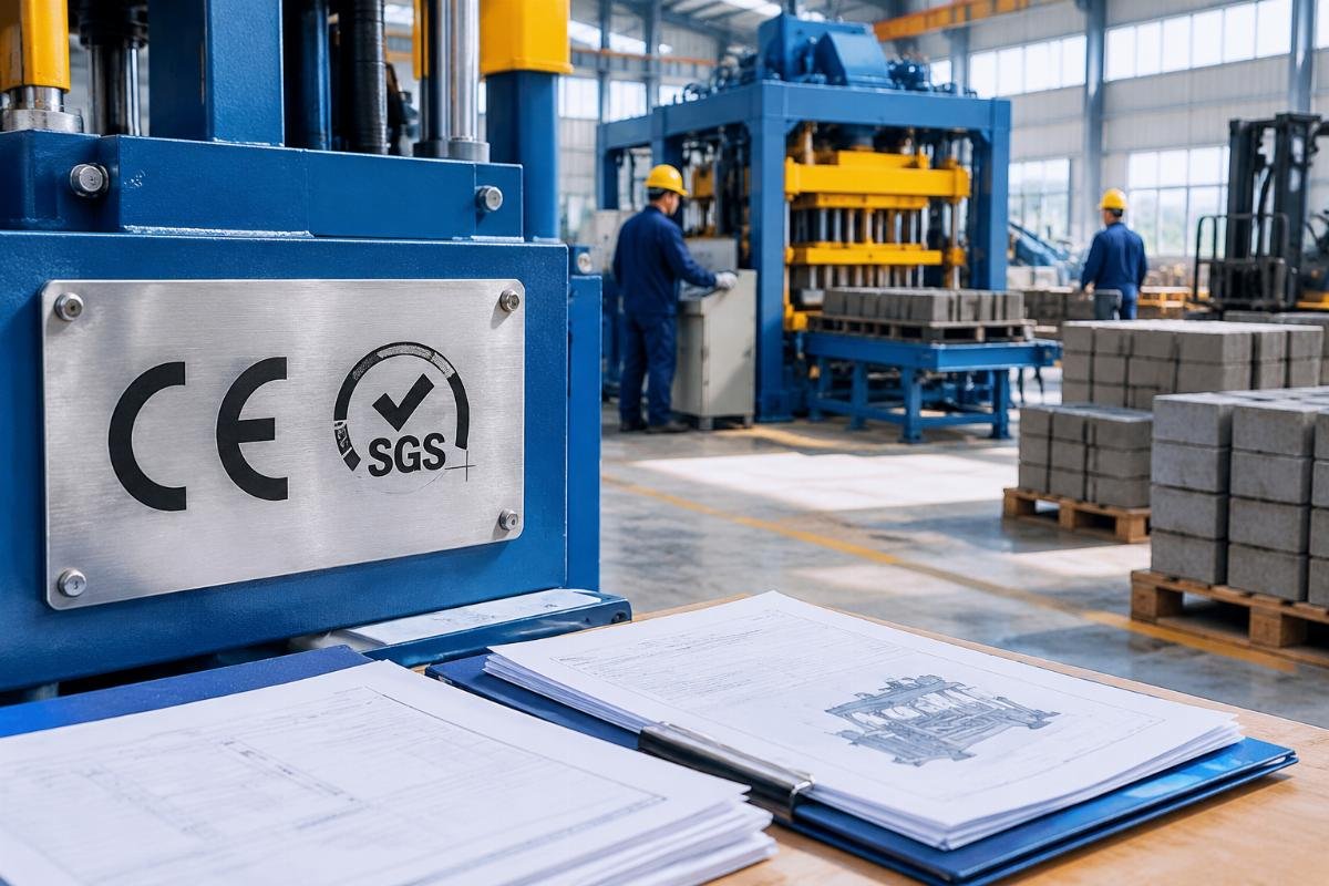 Close-up of CE and SGS certification marks on a block machine nameplate, alongside relevant documentation