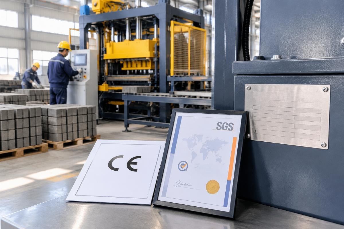 Close-up of CE mark and SGS certification documents next to a machine serial plate
