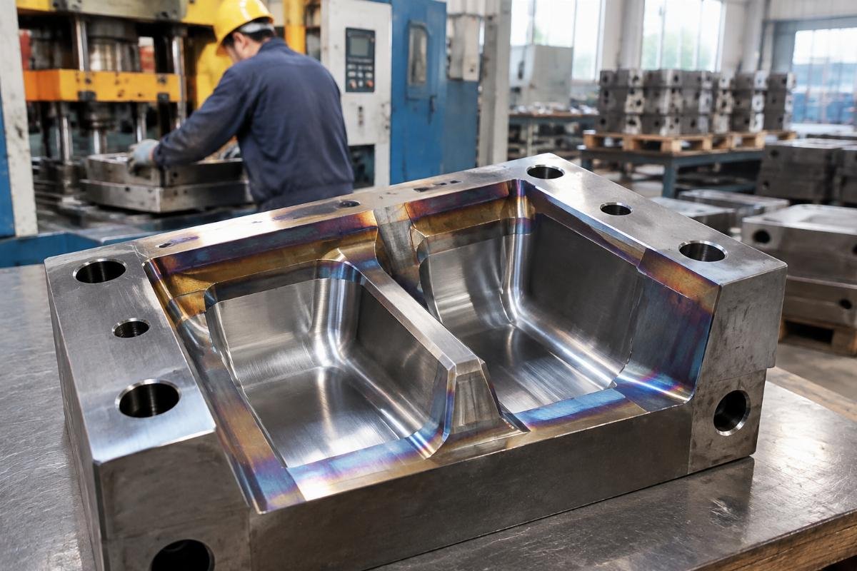 Close-up of Cr12MoV mold core insert showing polished surface and heat treatment coloration
