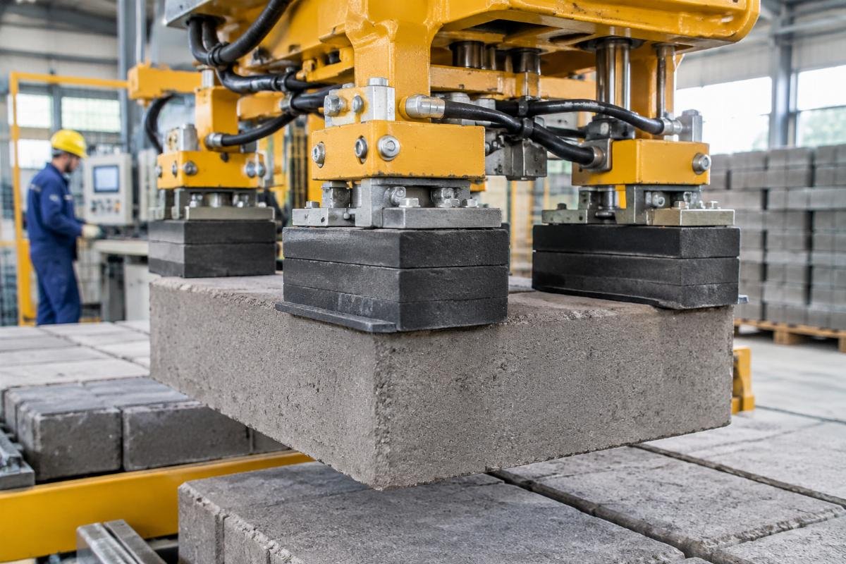 Close-up of gripper pads contacting a concrete block, showing pressure distribution and surface protection