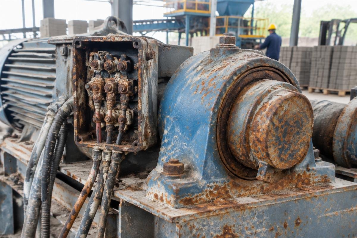 Close-up of rusted bearing housing and corroded electrical terminals due to poor storage practices