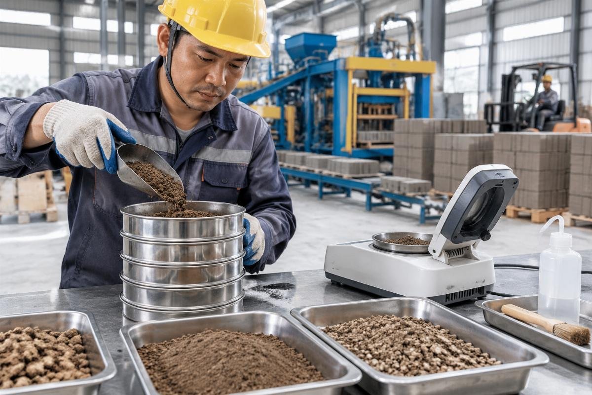 Close-up of soil sample being tested for granulometry and moisture content before processing