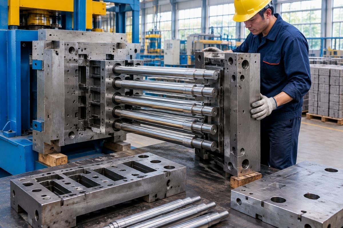 Close-up of the modular mold assembly showing individual core rods and side plates separated for maintenance