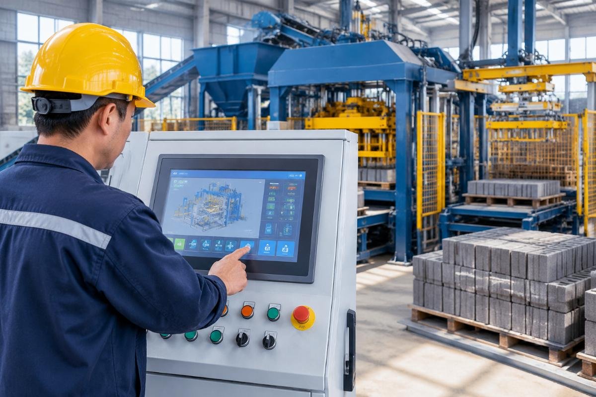 Close-up of the PLC control panel showing automated settings for a QT10-15 block making machine