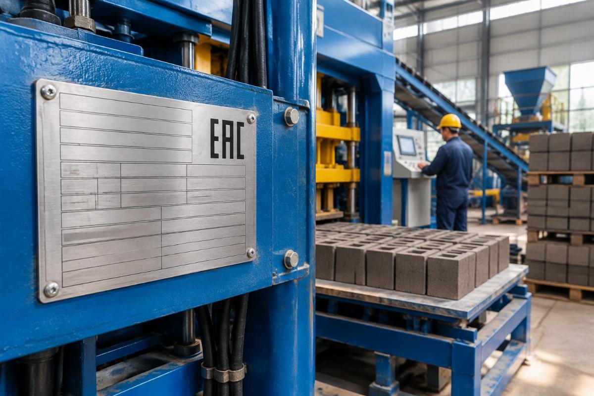 Close-up photo of a metal nameplate on a brick making machine displaying the EAC conformity mark and technical specifications
