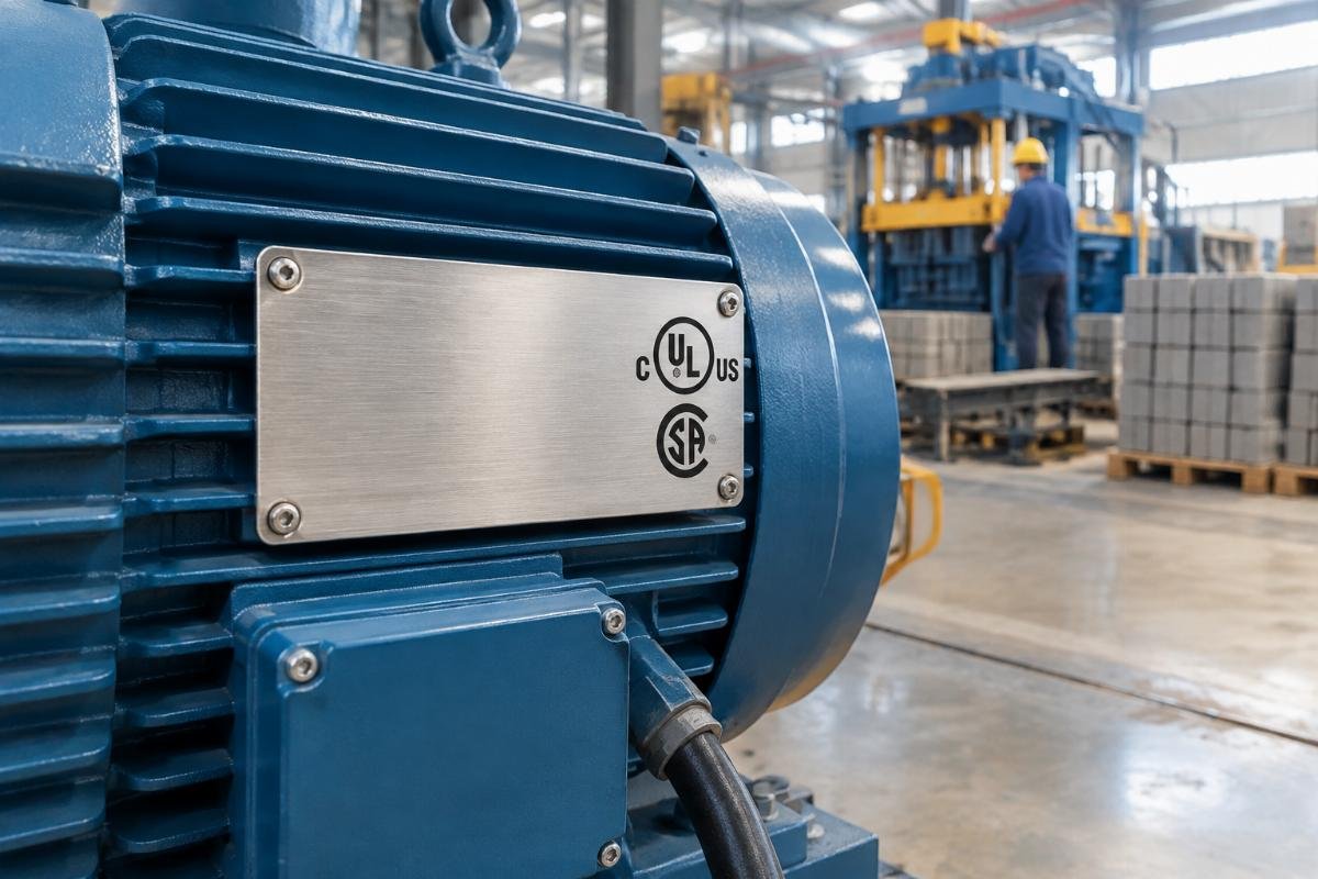 Close-up photo of an electric motor nameplate showing NRTL certification marks and file numbers