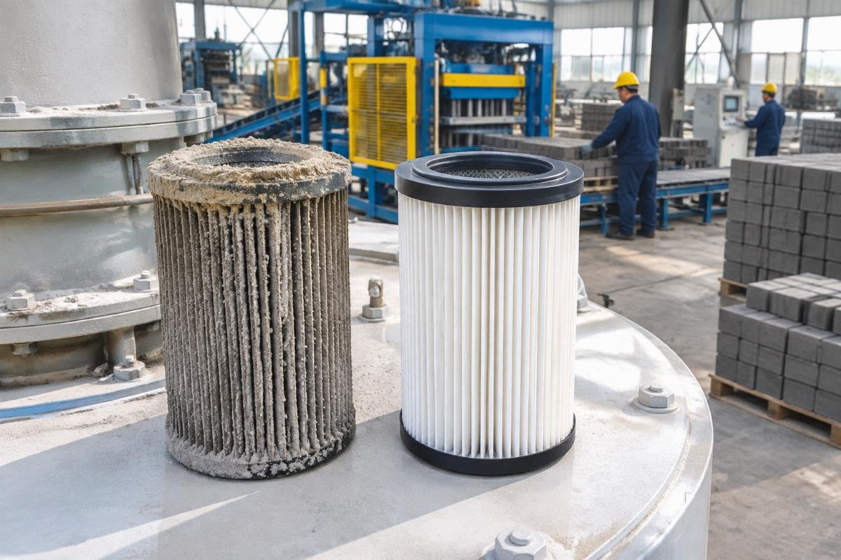 Close-up view of a clogged silo top filter cartridge compared to a new one, highlighting dust accumulation