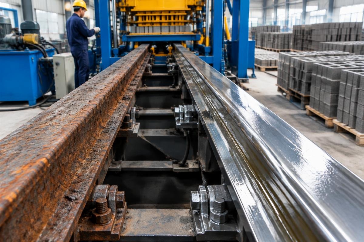 Close-up view of a corroded rail compared to a well-lubricated one in a block factory