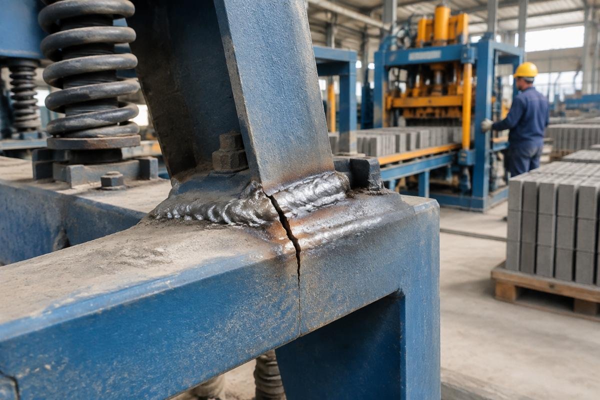Close-up view of a cracked vibration beam weld joint due to fatigue