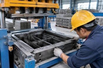 Close-up view of a customized block machine mold cavity adjusted for specific local pallet thickness