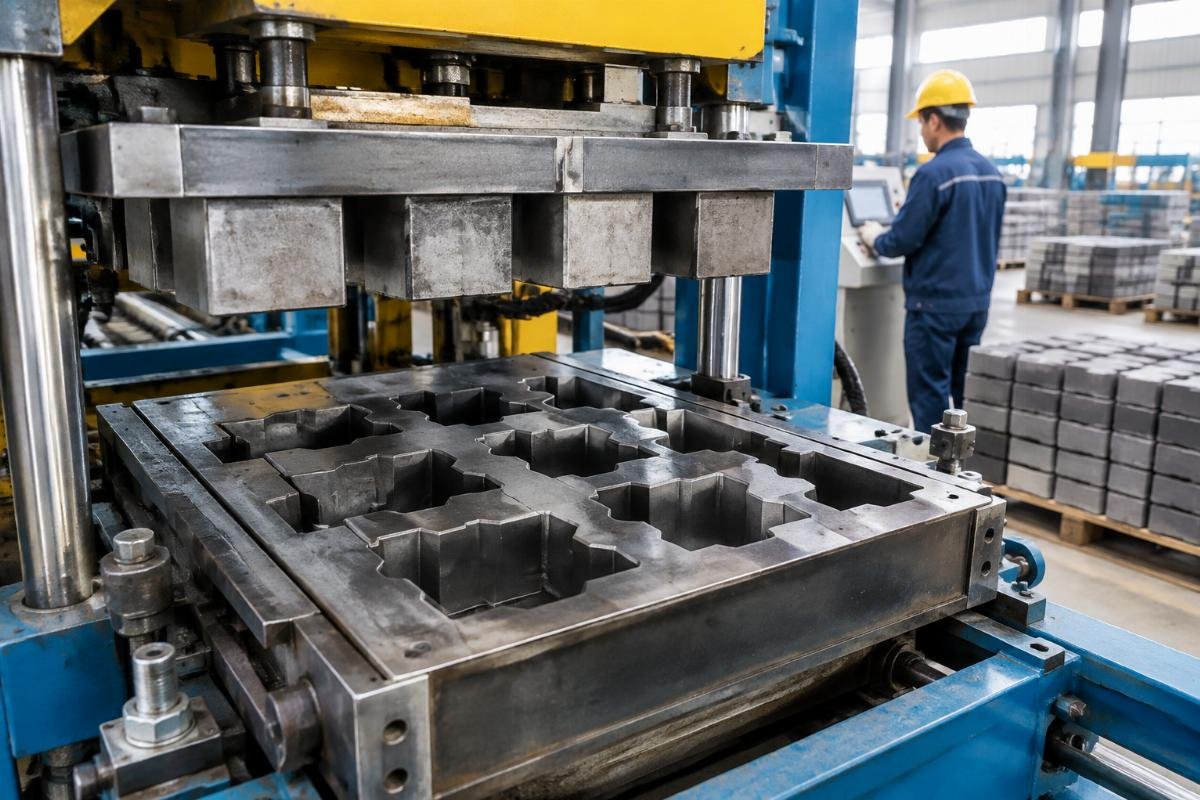 Close-up view of a hardened steel mold set for interlocking pavers inside a block machine
