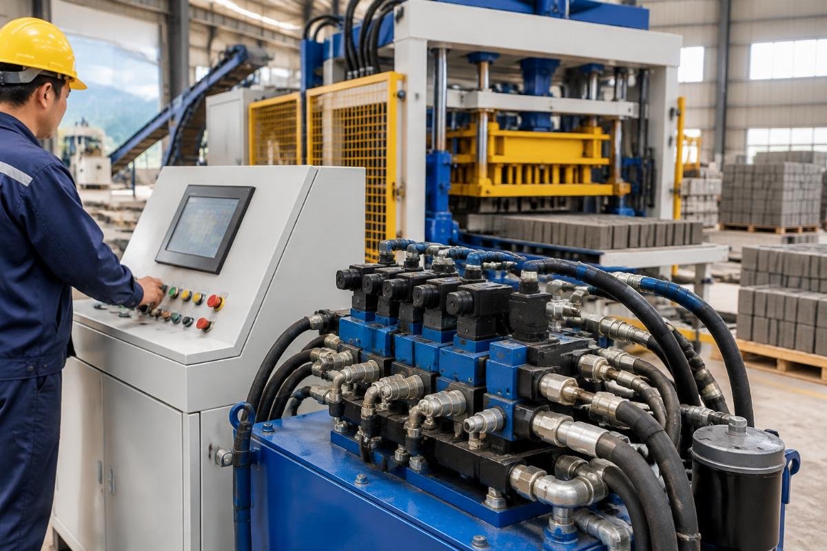 Close-up view of a PLC control panel and hydraulic manifold on a QT series block machine