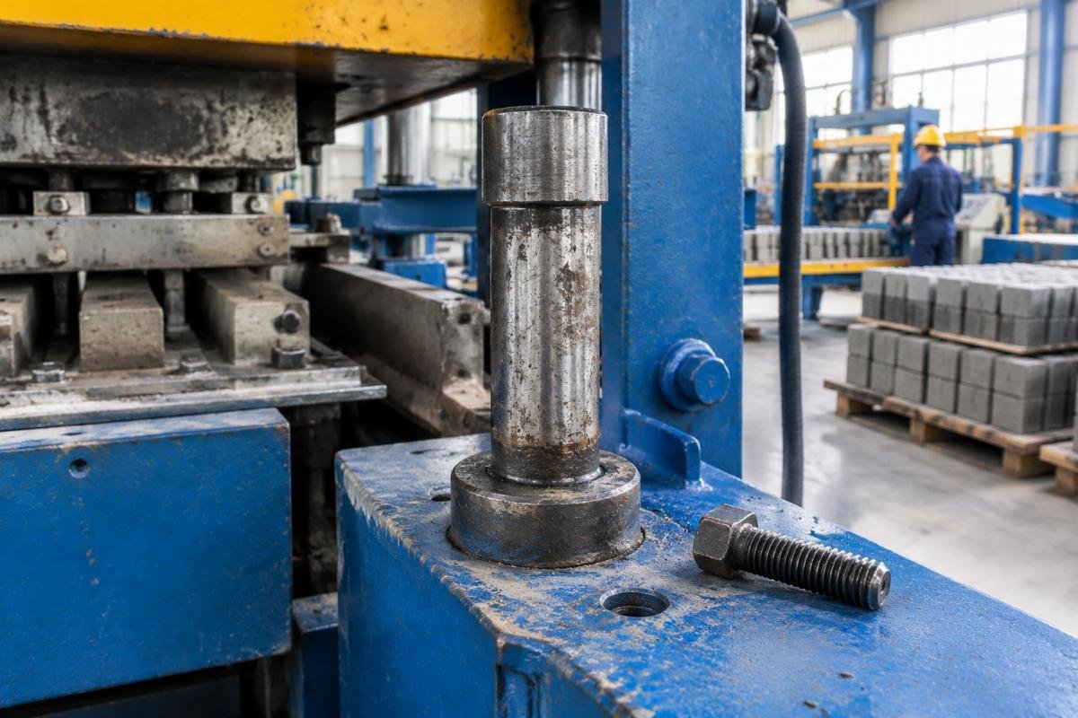 Close-up view of a worn mold guide pin and loose mounting bolt on a block making machine