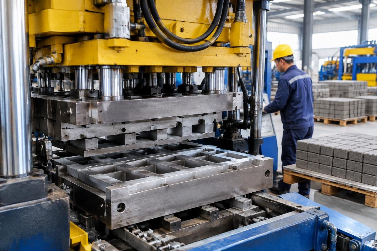 Close-up view of high-durability steel molds and hydraulic components in a paver machine