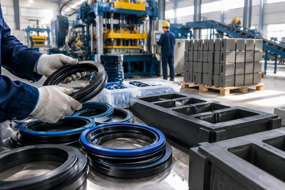 Close-up view of hydraulic seals and rubber molds highlighting material composition risks