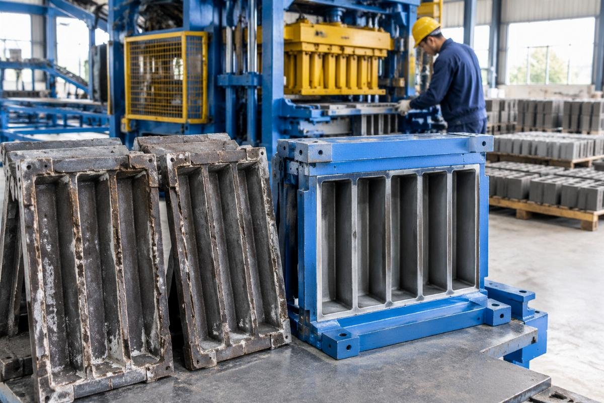 Close-up view of worn mold liners versus intact structural frame to illustrate wear vs. defect