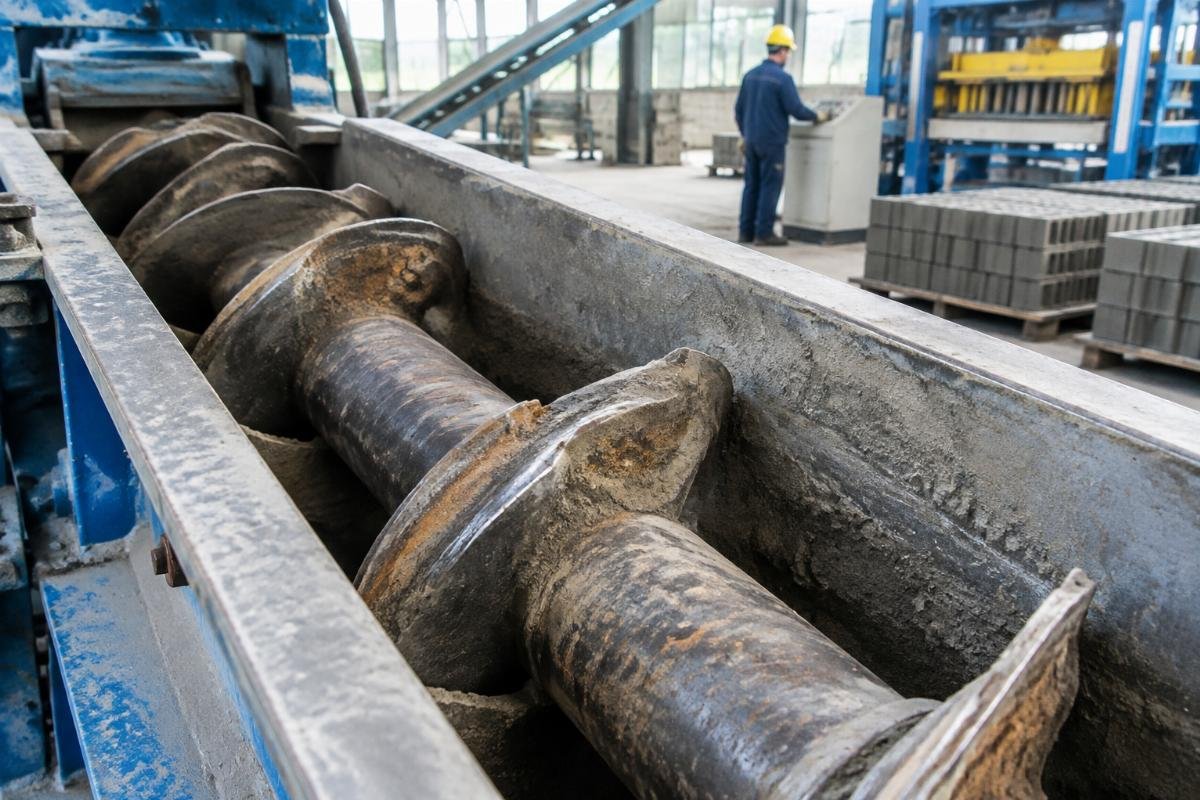 Close-up view of worn screw conveyor blades caused by poor alignment in cement transport