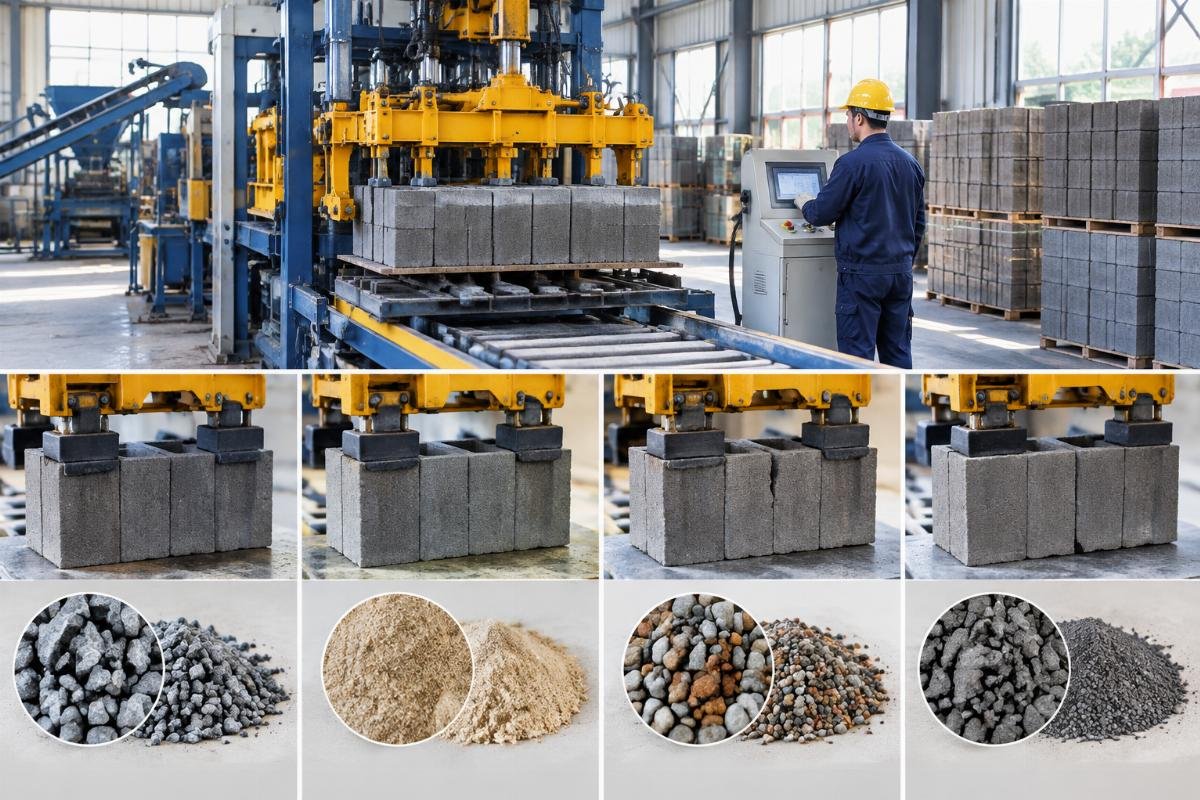 Comparison chart showing block integrity under different gripper pressure settings for varying aggregate types