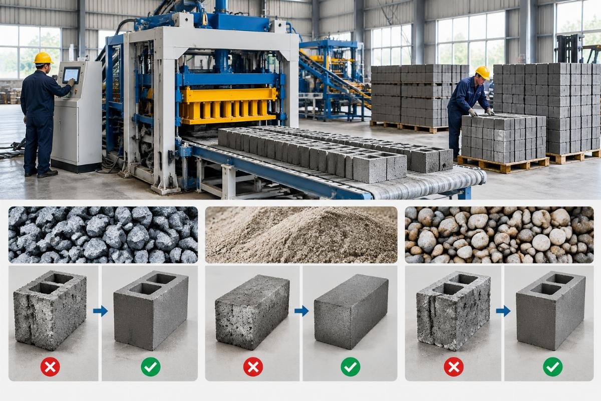 Comparison chart showing block quality outcomes under mismatched vs. matched vibration settings for different aggregate types