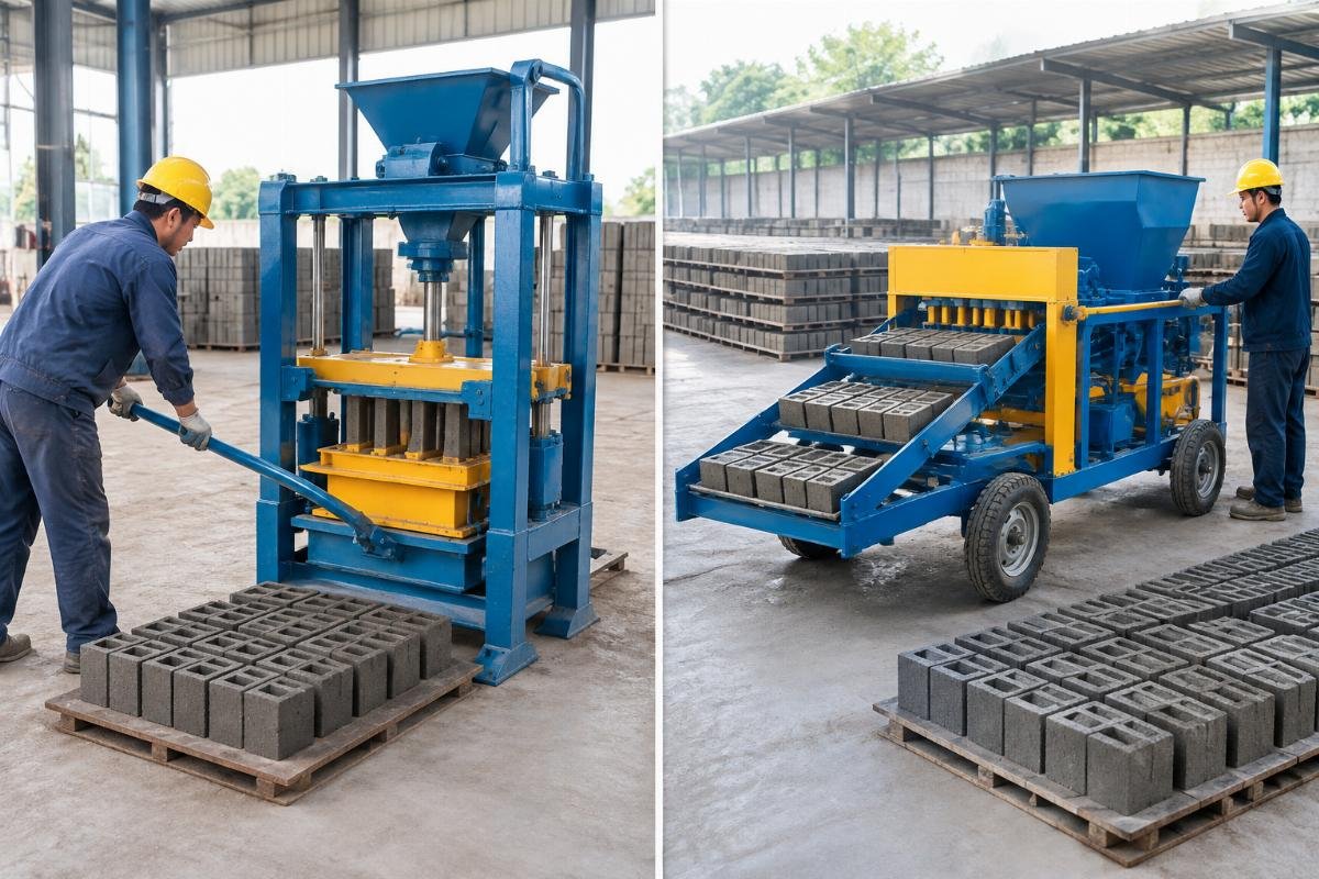 Comparison image showing a stationary manual brick machine with a fixed mold versus a mobile egg-layer machine on a curing floor