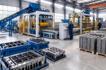 Comparison of a fully equipped QT series automatic block making machine line with detailed mold sets and control panels