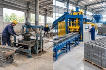 Comparison of an old manual block making station versus a modern PLC-controlled QT series automatic line