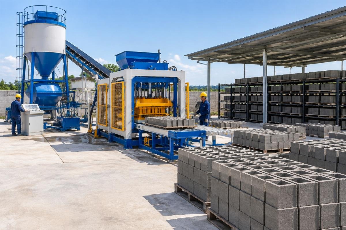 Complete turnkey setup including manual block machine, mixer, and curing area in a newly established yard