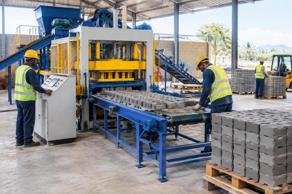 Construction workers operating an automated paver block production line in an emerging market