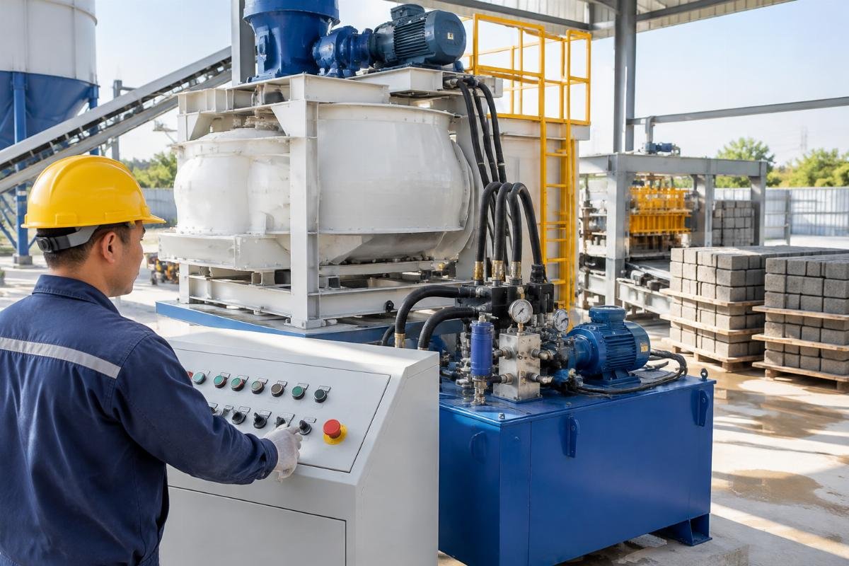 Control panel and hydraulic components of a concrete mixer during initial commissioning tests