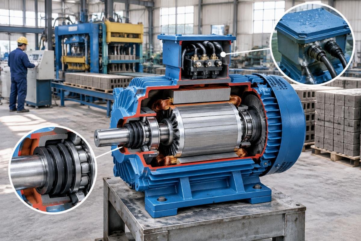 Cross-section diagram of an IP65 motor showing specialized shaft seals and terminal box protection against steam ingress