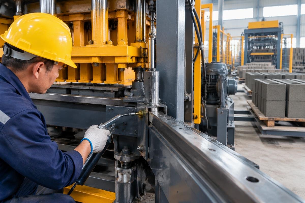 Detailed view of a hardened guide track and accessible grease point on a modern block machine