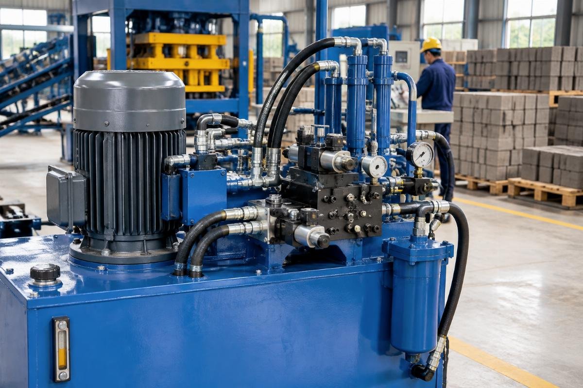 Detailed view of the hydraulic power pack highlighting cylinders, valves, and connection points prone to vibration loosening